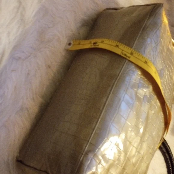 Large Saks Fifth Avenue Tote. Croc embossed. Brass tone. Braided brown straps. - Picture 5 of 11